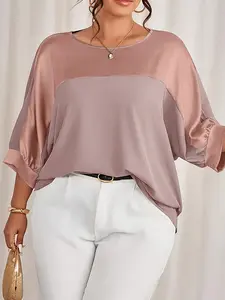 Women's Plus Size Round Neck 3/4 Sleeve Metallic Fabric Patchwork Colorblock Woven Sweater, Casual for Vacation Commute Party