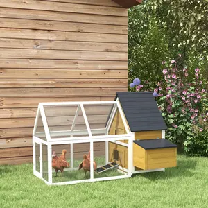 65" Wooden Chicken Coop - Backyard Poultry Cage with Nesting Box, Ramp, Run - Pet & Farm Animal Hen Pen, Rabbit Hutch, Yellow