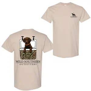 Hunting Dog T-Shirt, Cute Chocolate Lab Puppy Sitting in Camo Cooler Graphic Tee, Casual Everyday Wear for Men Women