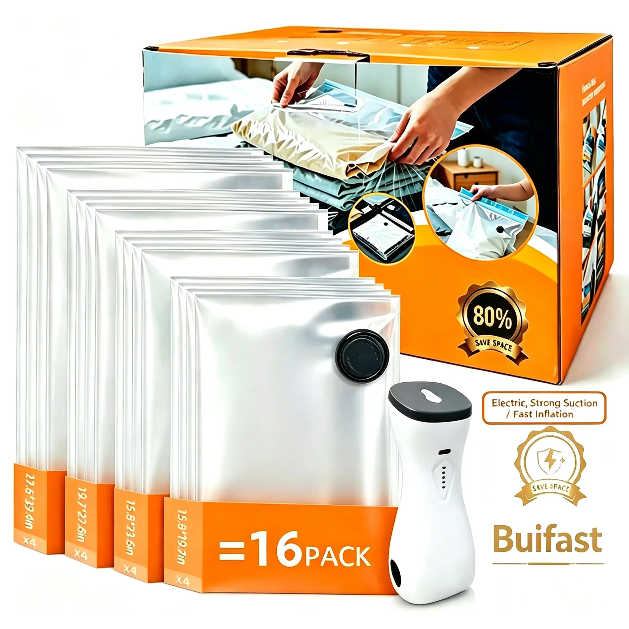 Buifast Cordless Travel Vacuum Bag Set with Rechargeable Air Pump, Multiple Sizes Space Saving Storage Bags, Airtight Resealing Sealed Organizers for Luggage, Sturdy Lightweight Clothes Storage Solution, Vacuum Bags For Travel, TikTokShopBackToSchool