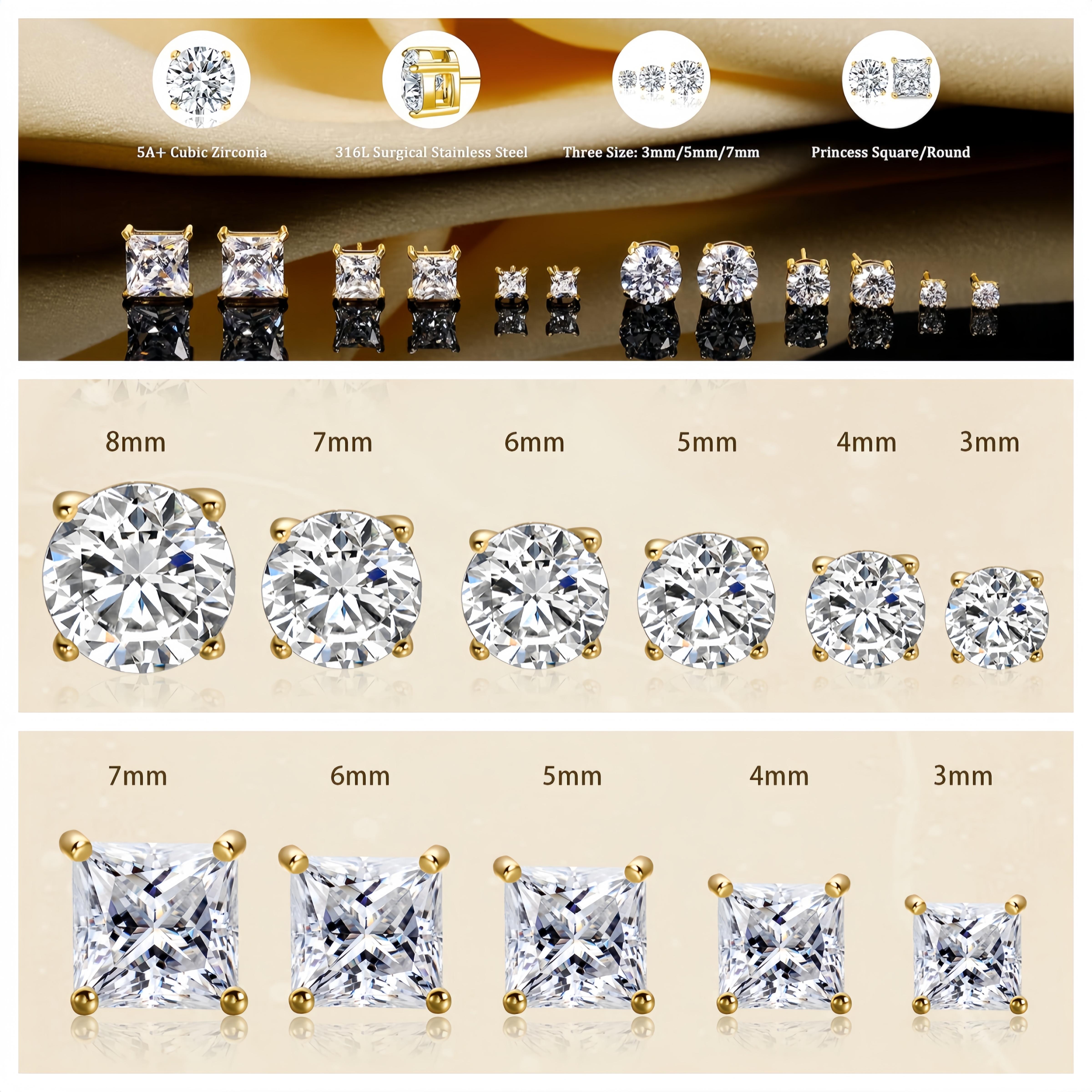 GEMESME 18 Karat White/Yellow Gold Multi-Size Studs Set (5/6 Pairs, 0.1-0.25CT, 3-8mm), Hypoallergenic Round&Princess CZ Gold Earrings, Men's Earrings Gift for Women