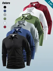 Men's Long Sleeve Polo Shirt, Anti-Wrinkle Seamless Collar Solid Color Stretchy Tee, Classic Design Button Front Casual Sportswear