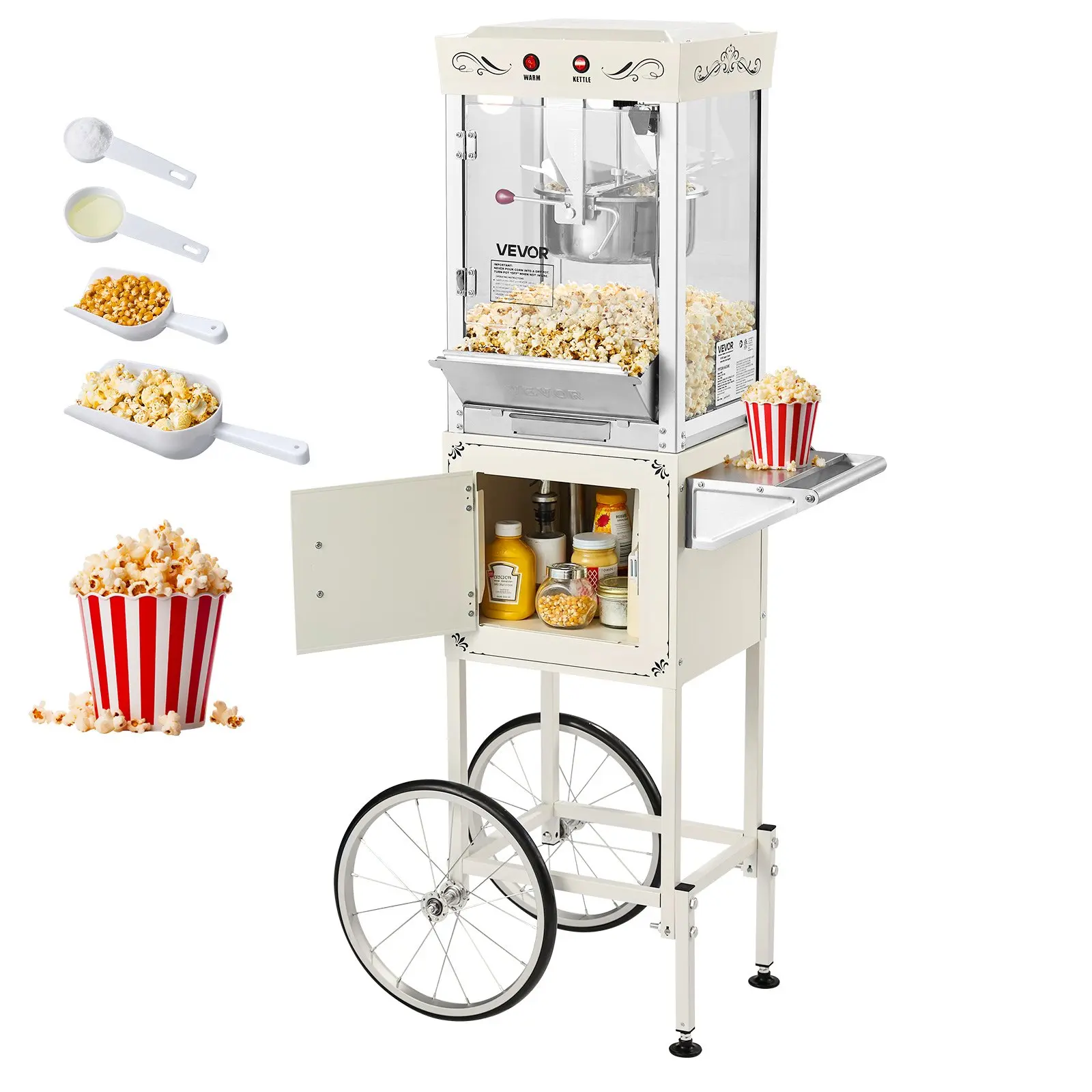 【Summerfinds】VEVOR Commercial Popcorn Machine with Cart, 8 oz Stainless Steel Kettle & Frame, 800W Power, 48 Cups per Batch Theater-Style Popper, 2-Button Control, Glass Wall PC Door, 1 Scoop, 3 Spoons, White, LED Light, 35 Lbs / 16 Kg Capacity, Sport