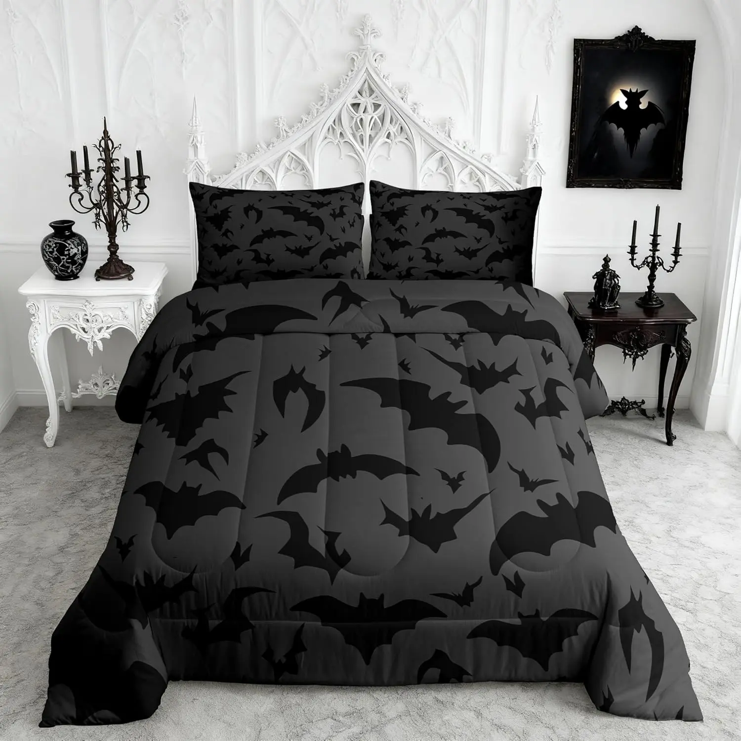 Black Bat Comforter Set Halloween Night Bedding Set for Kids Boys Men Halloween Decor,Children Bats Down Comforter Horror Black and Gray Quilt Set Room Decor