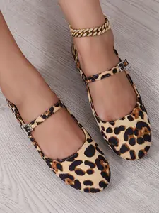New Fashion Round Toe Leopard Print Low-Top Flat Women's Shoes, Elegant Velour Fabric Casual Slip-Ons for Fall & Winter, Rubber