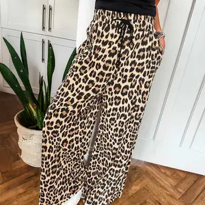 Parchment Leopard Drawstring Elastic Waistband Flowy Wide Leg Pants