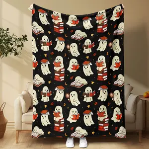 Cute Ghost Reading Pattern Blanket, Camping Picnic Sofa Throw, Halloween Decor, Warm Cozy Home Decoration, Multi-Functional Use