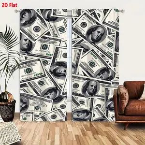 2D Flat 100 Dollar Bills Pattern Blackout Curtains 2-Piece Set, Benjamin Franklin US Currency Design Dense Overlapping White Green Home Decoration Curtain for Living Room Bedroom Window Treatment, Light Filtering & Privacy Protection