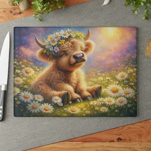 Highland Calf Daisy Meadow Glass Cutting Board – Spring Farmhouse Kitchen Decor with Floral Crown Cow Design