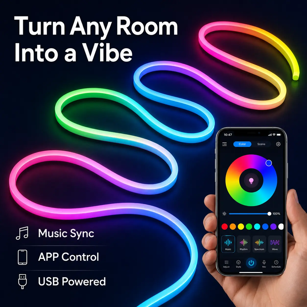 RGBIC Smart Control Neon LED Strip Lights - Bluetooth APP Control, Music Sync, USB Powered, Multicolor Diffuse Layer, Ambient LED Lighting, Interior RGB Accent Lights for Bedroom, Gaming Room Decor, Led Strip Lights For Accent Lighting
