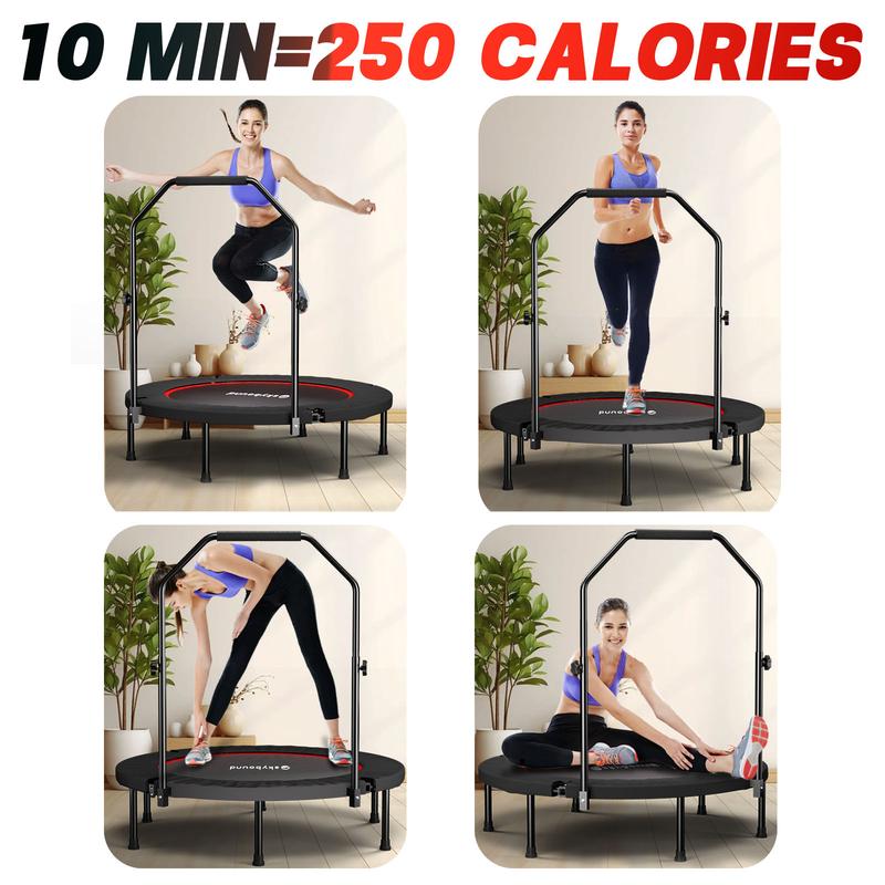 SkyBound 600 LBS Tested Foldable Mini Trampoline, 40'' Fitness Rebounder with Springs/Bungees, Adjustable U-Bar Handle, Stable Quiet Indoor/Outdoor Exercise Equipment