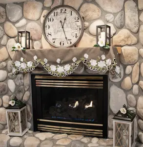 Linens Art And Things - Magnolia on Brown Mantel Scarf (19"x90")