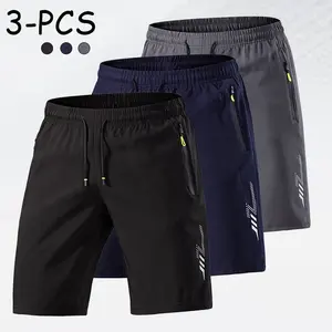3-Pack Men's Quick Dry Athletic Shorts, Zipper Pocket Reflective Print Workout Running Shorts for Summer