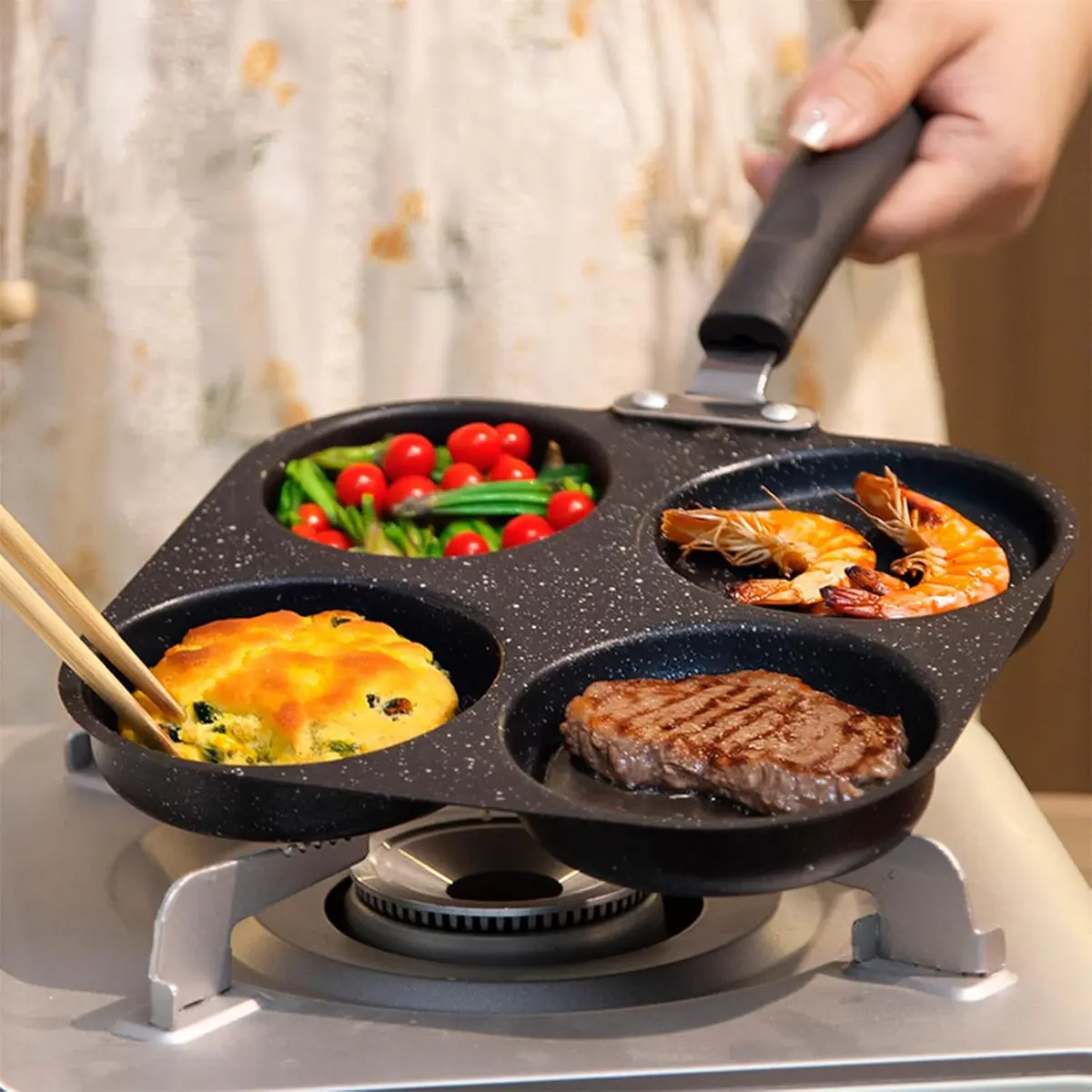 4-in-1 Design Cast Iron Non-Stick Single-Handle Frying Pan - Multi-Cooking Stovetop-Compatible Cookware, Dishwasher Safe, Portable Tool for Pancake+Egg Use, Non Stick Pans, Egg Skillet Pan