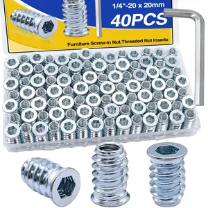 40 count 1/4"-20 Threaded Inserts for ,Hex Socket Drive Insert Nuts for  Furniture Screw Assortment with Hex Wrench (1/4"-20 x 20mm) F-107-40PCS