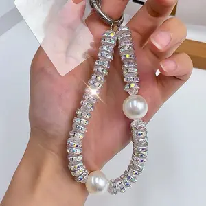 Luxury Rhinestone Phone Lanyard with Beaded Short Chain, Fashionable Keychain for Phones Headphones Cameras,with Transparent Clip, Phone Charms