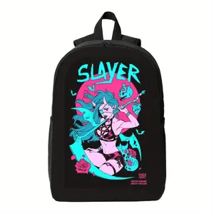 Anime Backpack with Slayer Graphic - Large Capacity Laptop Backpack, Heavy-Duty School, Travel, Gaming Bag - Lightweight Computer Backpack with Adjustable Padded Straps for Anime Fans & Professionals - Black/Pink Design, Smooth Double Zipper