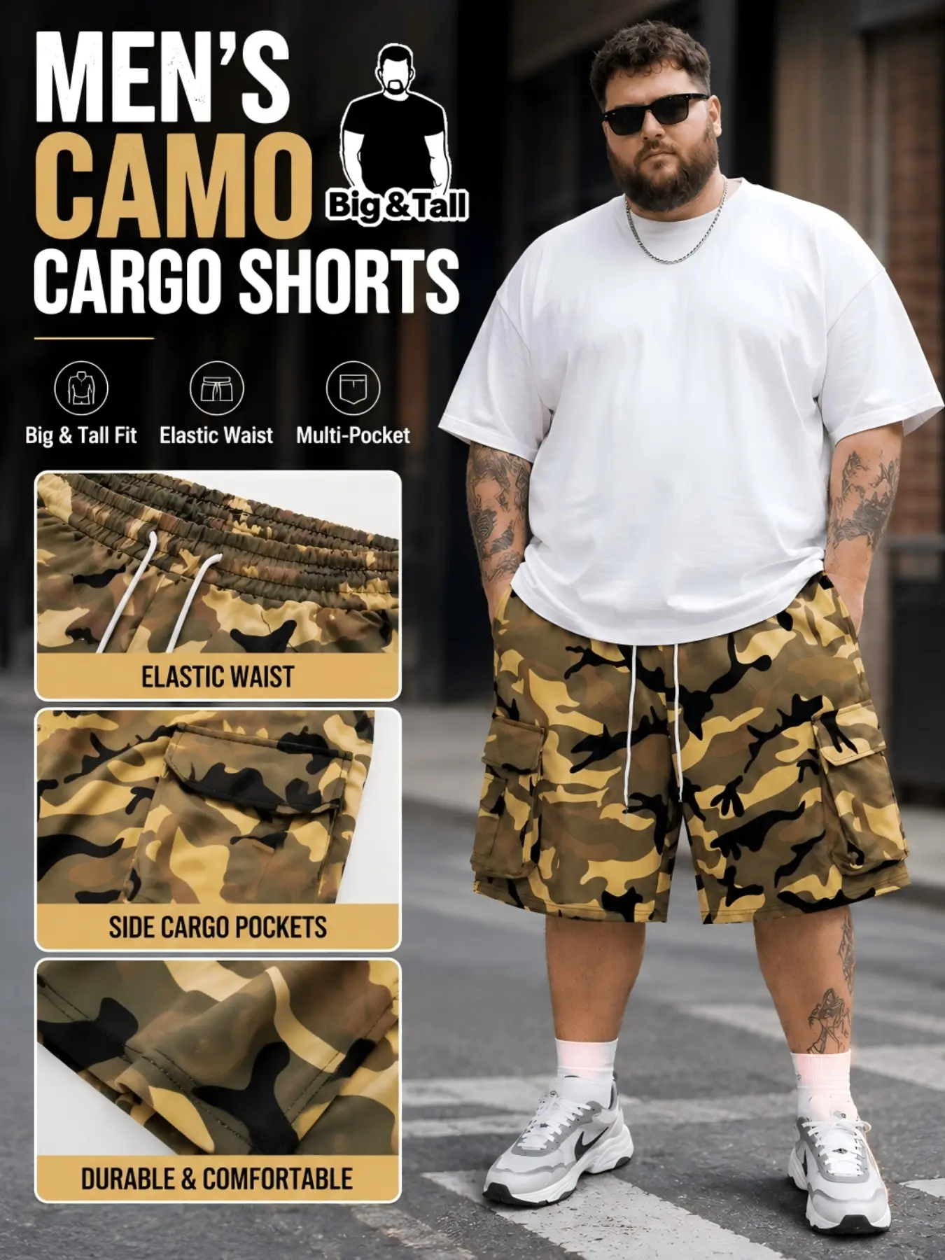 Men's Plus Size Cargo Shorts, Loose Fit Casual Summer Wear with Pockets, Beach & Outdoor Style, Multi Pocket Streetwear