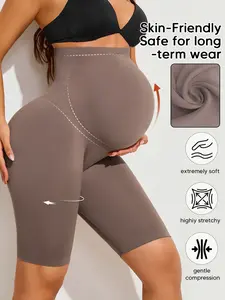 Maternity High-Waisted Seamless Yoga Shorts, Comfortable Fit, Soft Elastic Fabric, Casual All-Season Wear, Pure Color Riding Shorts, Prenatal Maternity Clothing, Postpartum Outfits