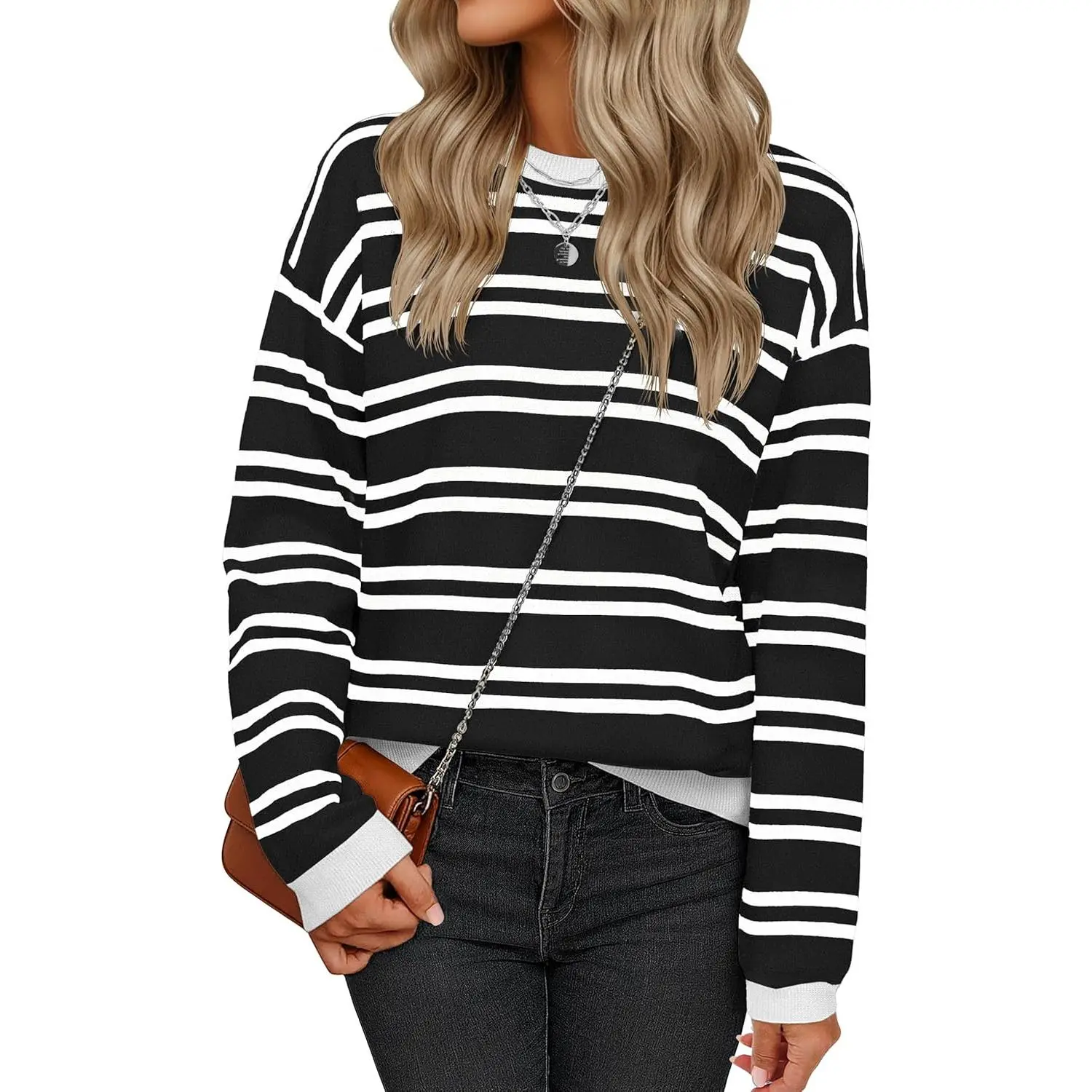 YUCOLEN Womens Striped Sweaters Casual Crewneck Long Sleeve Knit Pullover for Fall Winter