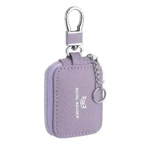 Royal Bagger Genuine Leather Mini Portable Zipper Earphone Bags, Small Key Wallet with Keychain Fashion Simple Headphone Bag 2901