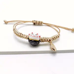 Simple Ceramic Lucky Cat Braided Bracelet for Women Cute Animal Kitten Hand-woven Adjustable Bangles Party Harajuku Jewelry Gift