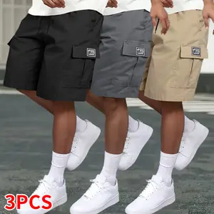 3 pcs, men’s casual multifunctional cargo shorts with pockets, drawstring elastic waistband, suitable for running, leisure, and outdoor sports; summer shorts | menswear