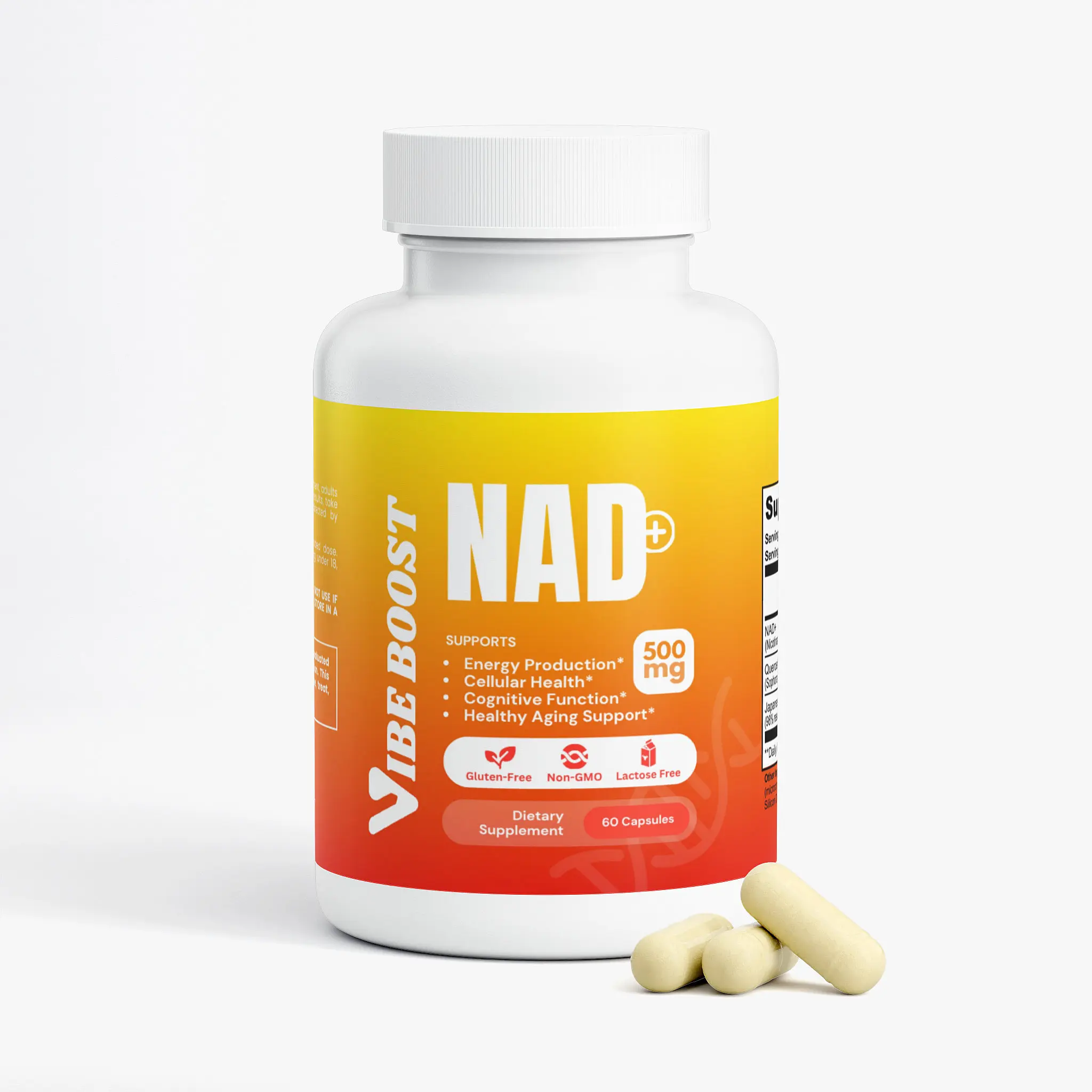 VibeBoost NAD+ Dietary Supplement | 500mg NAD+ Complex with Resveratrol & Quercetin | 60 Vegan Capsules