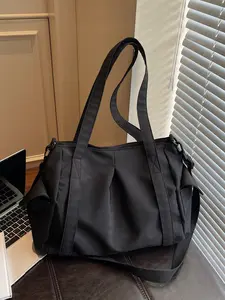 1pc Ladies' pleated nylon tote bag with detachable shoulder strap, simple and large capacity design suitable for workplace, campus, shopping and daily casual wear