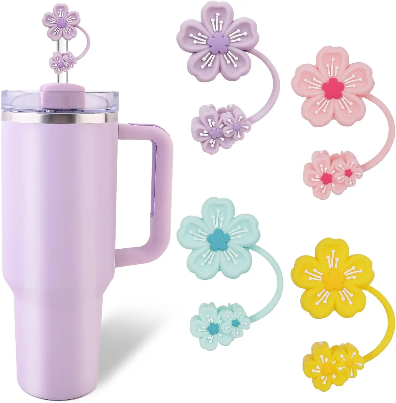 4 Pcs Cherry Blossom Straw Topper for Stanley Cup Accessories,Silicone straw topper for Stanley 30&40 Oz Tumbler,Reusable Flower straw cover fits perfectly with all types of 10mm/0.4in