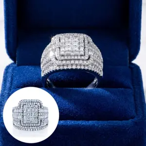 Wedding ring set with a rectangular stone cluster surrounded by smaller stones, S925 sterling silver rings.