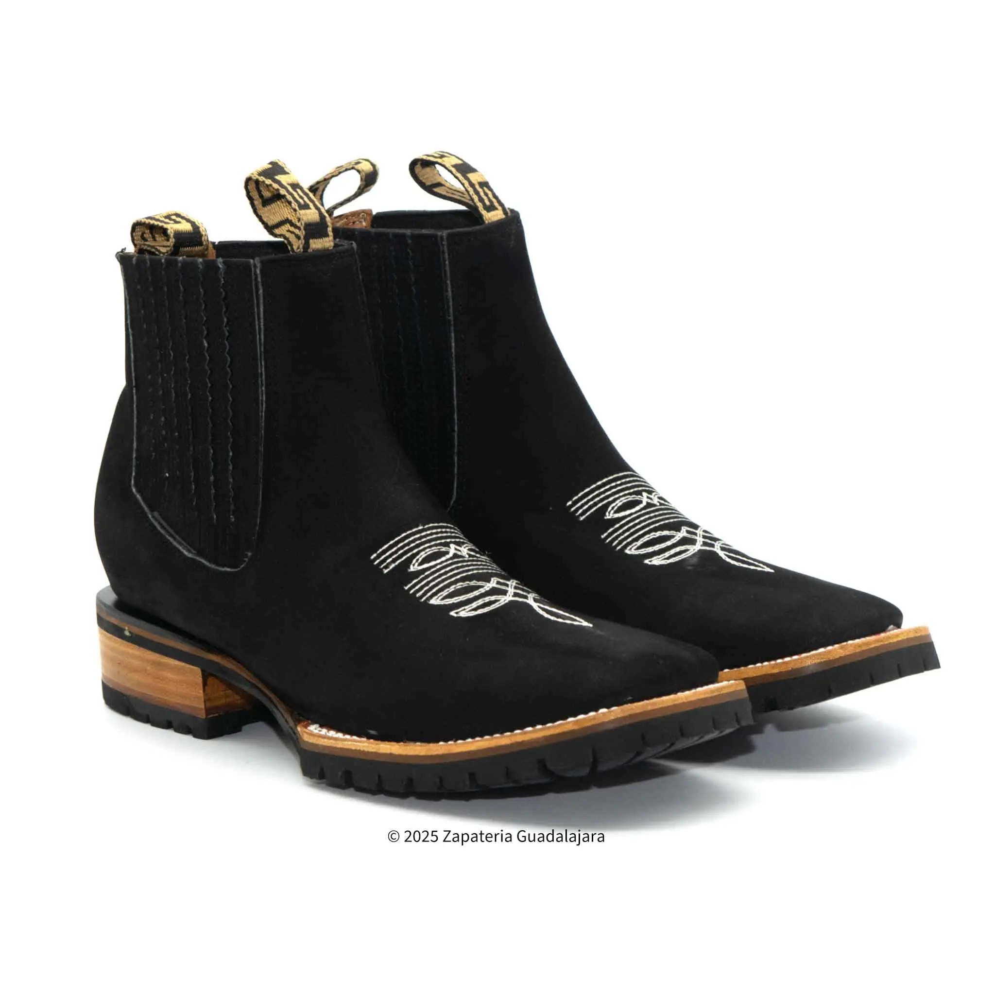 Black Nobuck Wide Square Toe Rubber Sole Leather Boot-1905