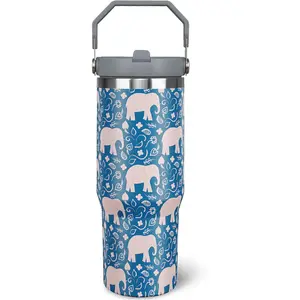 30 oz Stainless Steel Insulated Elephant Tumbler - Portable, Reusable, Leakproof Vacuum Flask with Handle, Flip Straw, Beverage Drink Insulation, Coffee Travel Mug Water Bottle, Elephant Gift for Lovers