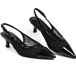 CYNLLIO Womens Slingback Heels Closed Pointed Toe Mesh Mid Heel Ankle Buckle Strap Womens Pumps Slip on Heeled Sandals Shoes
