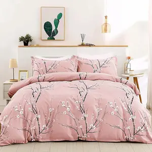Pink Floral Duvet Cover Set Queen, Flower Plum Blossom Printed Comforter Cover Set with 2 Pillowcases 3 Pieces Bedding Set Soft Microfiber Queen Size 90"x90"(Not Comforter)