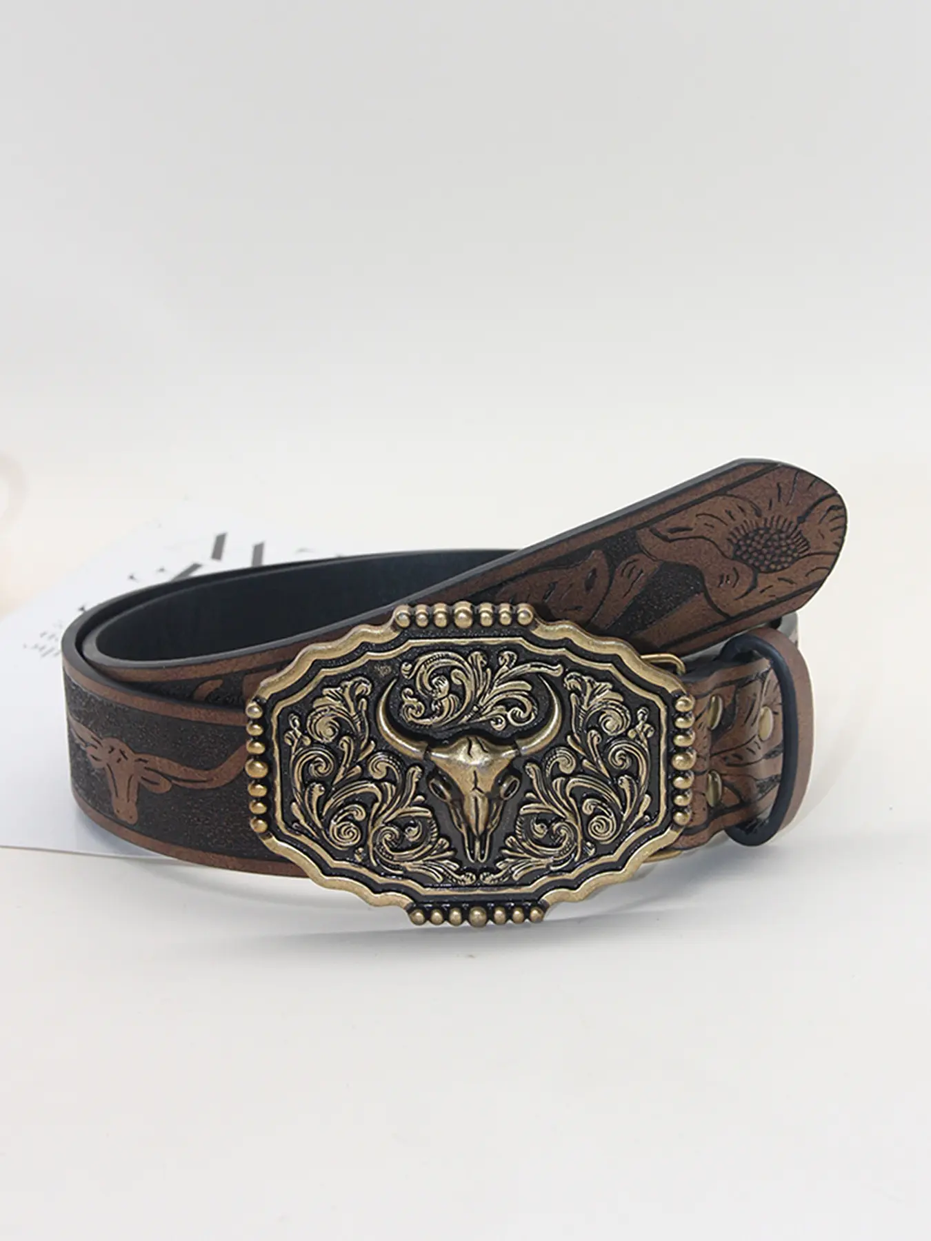 Floral Engraved Longhorn Bull Buckle Western Belt for Jeans Western Cowboy PU Leather Belt Men main image 2