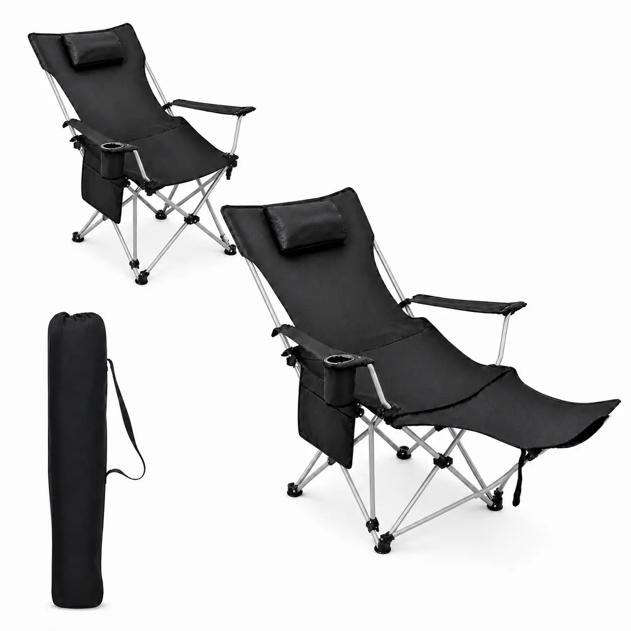Reclining Camping Chair with Footrest, 4-Position Portable Folding Lounge Chair with Headrest, Cup Holder, Side Pocket & Carry Bag