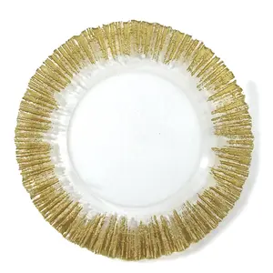 212 MAIN Hand-Finished Gold Turkish Glass Charger Plates - Set of 4, Unique Sunburst Rim Design, Elegant Dinnerware for Special Occasions Collectible Plates