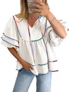 Renaishow Womens V Neck Short Lantern Sleeve Shirts Cute Loose Fit Peplum Flowy Blouses with Colorful Stripes