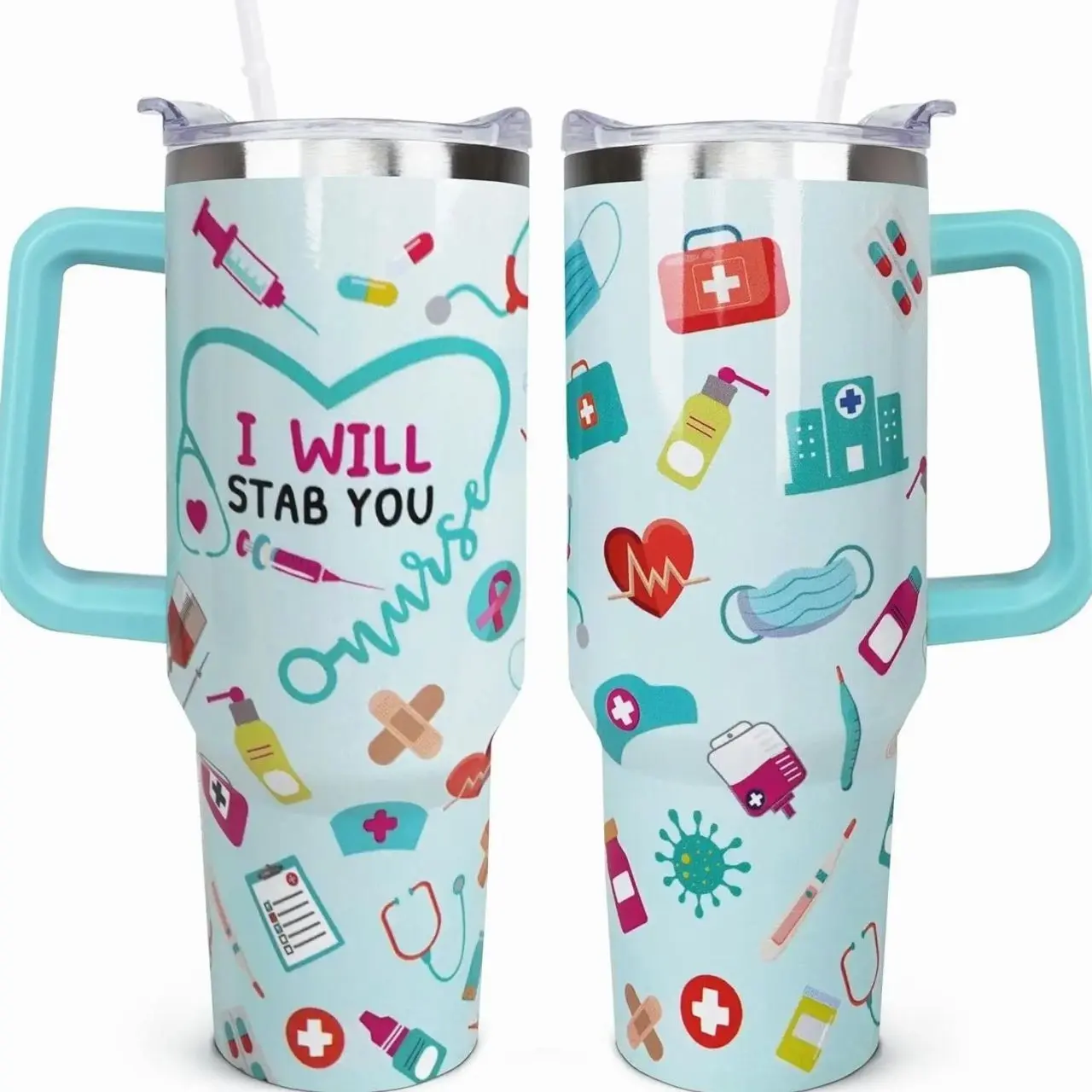 40oz Stainless Insulated Vacuum Flask - Reusable Drink Tumbler with Handle, Straw, Lid, Portable for Healthcare Professionals, Beach Use, Halloween Gifts