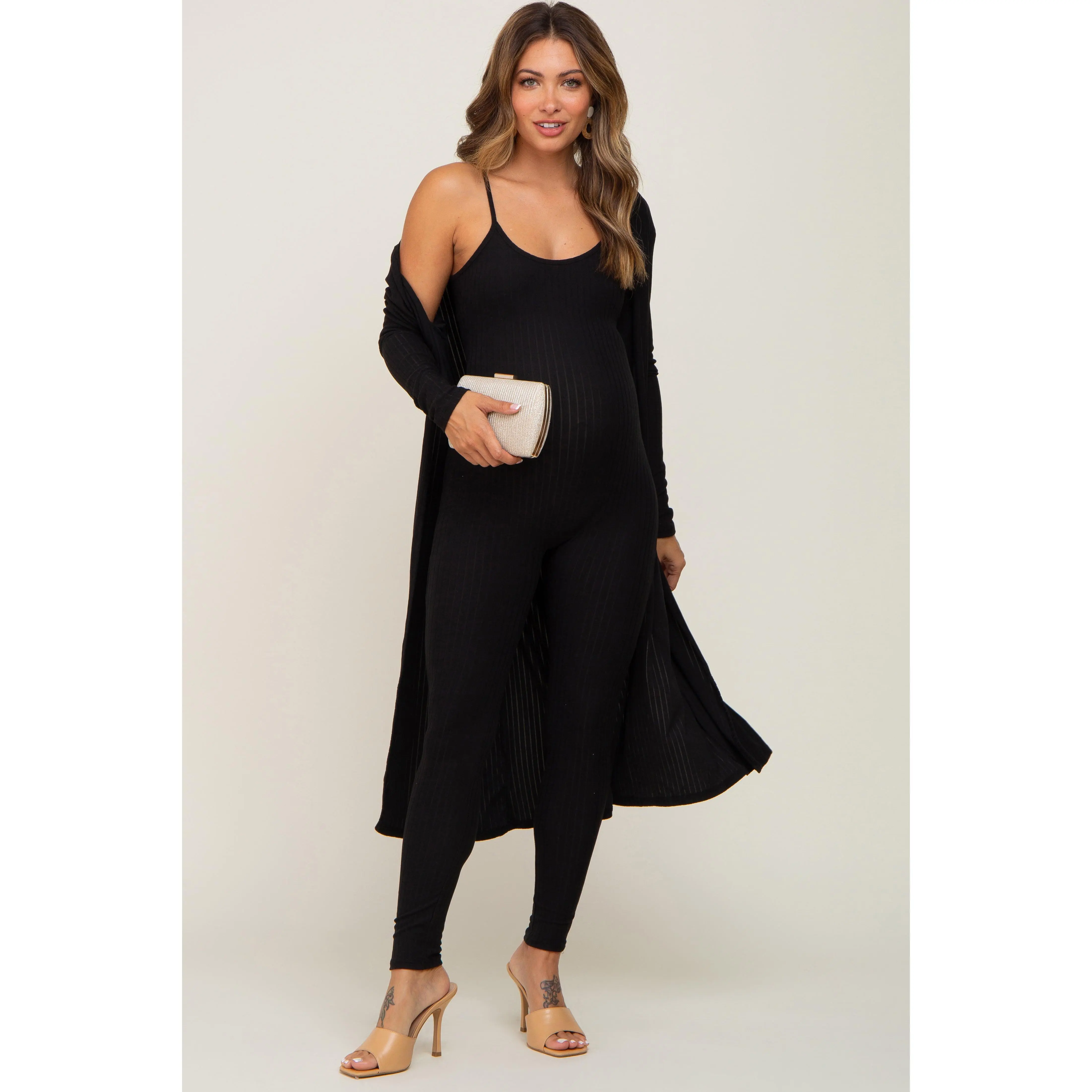 Women's Black Ribbed 2-Piece Maternity Jumpsuit Set, Maternity Wear, Pregnancy Clothing & Accessories, Pregnancy Maternity Clothing & Accessories