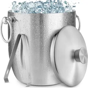 Zulay Kitchen Insulated Stainless Steel Ice Bucket Set with Lid, Strainer, and Tongs - Hand Wash Only Utensils Handles