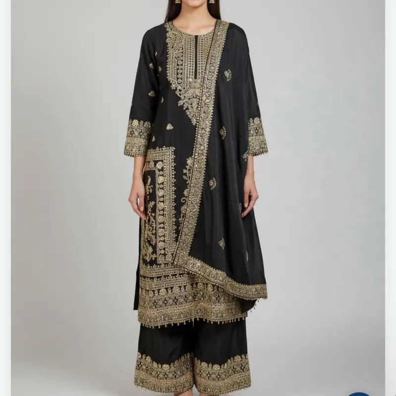 Women's Heavy Party Wear Chinnon Plazo Set Dress - Intricate Embroidery, Gold Accents, Silk Fabric - Lady Clothes for Formal Occasions