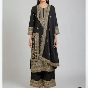Heavy Party Wear Chinnon Plazo Set Perfect for Any Occasion with Intricate Embroidery and Gold Accents Womenswear Dress