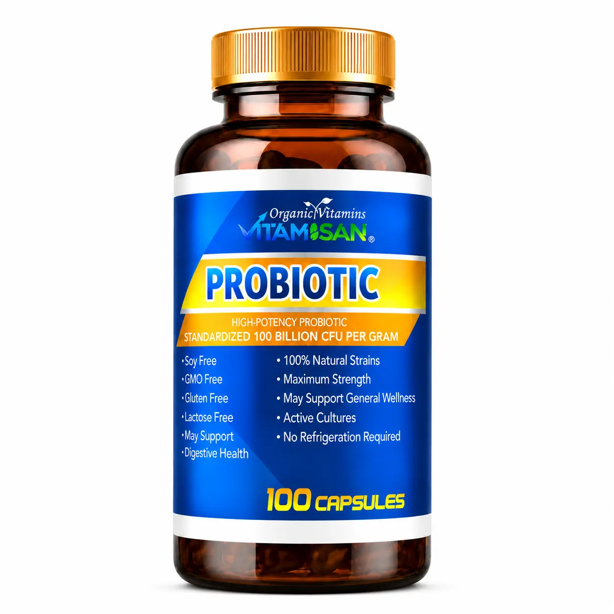 VITAMISAN Probiotics for Women, Probiotics for Men and Adults, Natural, Shelf Stable Probiotic Probiotic Supplement with Organic Prebiotic, Acidophilus Probiotic 100 caps