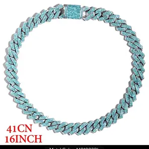 Unisex Iced Out Rhinestone Pink-White Miami Iced Out Blue Crystal Cuban Link Chain Necklace for Women Men HipHop Color Rhinestones Paved Miami Cuban Necklace Rapper JewelrHip Hop Cuban Link Necklace Chain, Alloy Female-Male Bling Jewelry Gift with Pendant