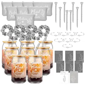 48-Piece Bridesmaid Invitation Gift Set Bridesmaid Gifts Bridal Party 16oz Glass Tumblers Cosmetic Pouch Invitation Cards Hair Bands Hair Bow Bracelets Diamond Pen (Gray)