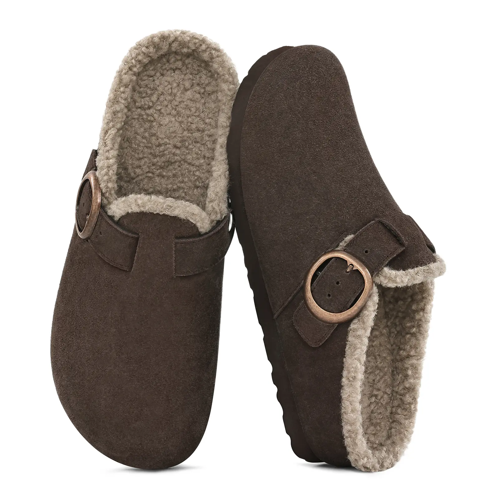 KIDMI Women's Fur Lined Genuine Suede Clogs Fuzzy Cork Footbed | Adjustable Metal Buckle, Non-slip, Rubber Sole, Cushioning, Warm, Cozy, Slip On, Indoor, Outdoor, Versatility, Casual, Winter. Footwear
