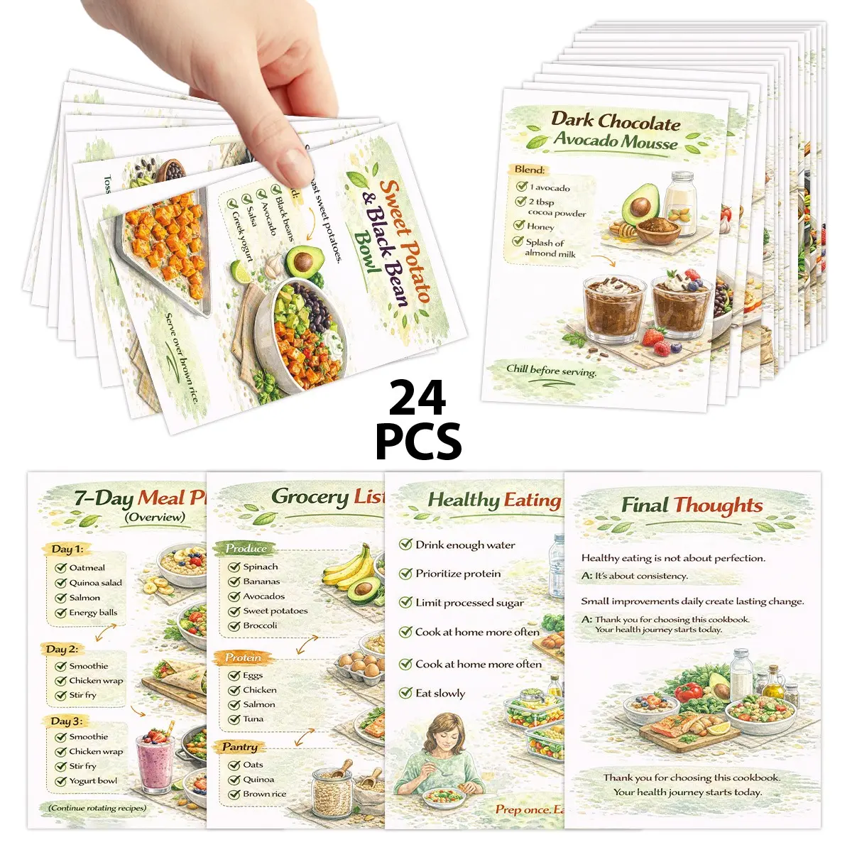 24pcs Ultimate Healthy Home Cooking Recipe Cards, for Beginners - 2.5*3.5inch Nutrition Recipe Guides Card with Meal Plan, Preparation List And Weight Loss Diet Illustration, Easy Healthy Recipe Study Cards