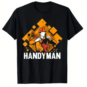 Men's Black Handmade Pattern T-Shirt - DIY Repair Tools and Safety Helmet Print, Ultra Soft Breathable Moisture-Wicking Fabric, Comfortable Fit Crew Neck Casual Street Style for All Seasons, Daily Fashion, Urban Trend, Short Sleeve Shirt, Durable Workwear